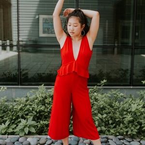 Red V Neck Jumpsuit